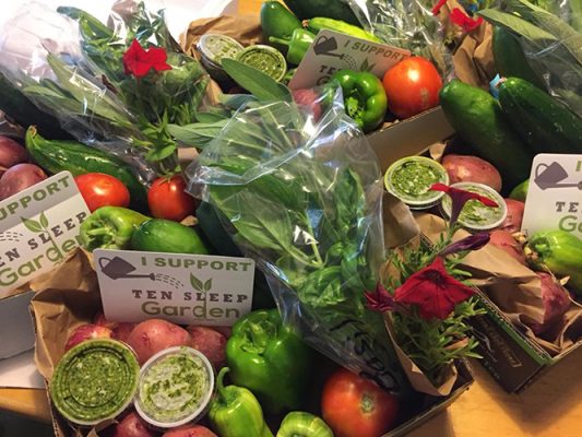Boxes of Ten Sleep Garden produce — tomatoes, peppers, cucumbers, potatoes, basil and pesto — with “I Support Ten Sleep Garden” cards
